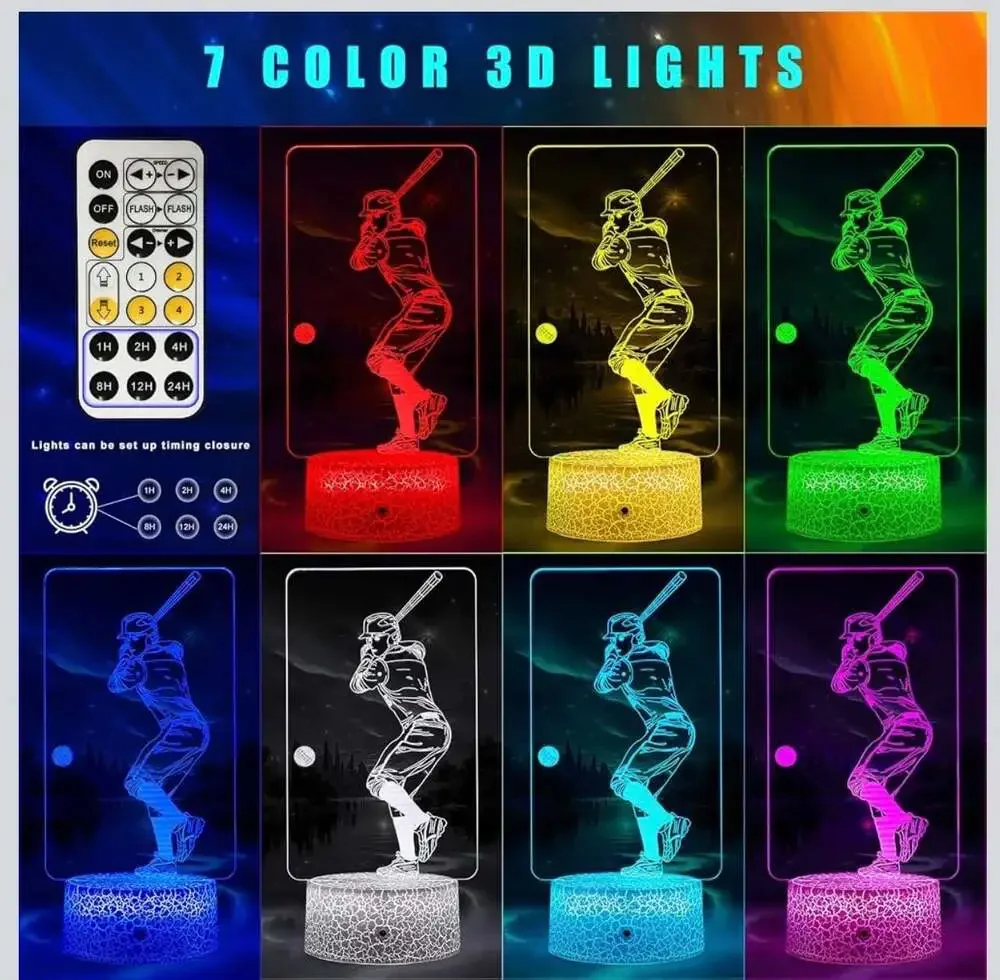 FlyonSea Baseball Player 3D Illusion LED Night Light with Remote Control